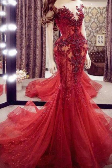 vestido de fiesta red modest evening dresses long lace applique beaded mermaid elegant luxury formal party dresses