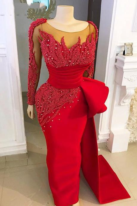 long sleeve elegant evening dresses 2021 red lace applique beaded mermaid modest luxury formal evening gown robe de soiree 2022