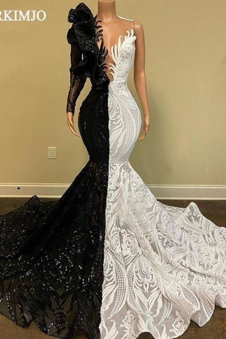 black and white luxury evening dresses long sleeve sparkly mermaid modest elegant vintage formal party dresses robe de soiree abendkleider