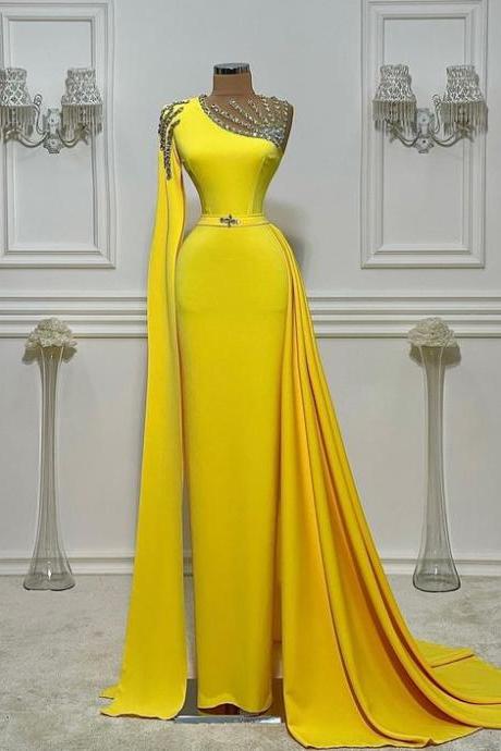 beaded yellow prom dresses long 2021 elegant dubai fashion modest prom gowns robe de soiree 2022 