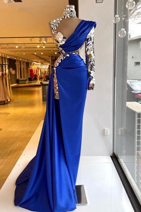 high neck crystal evening dresses long sleeve royal blue modest unique luxury sexy formal evening gown abendkleider 