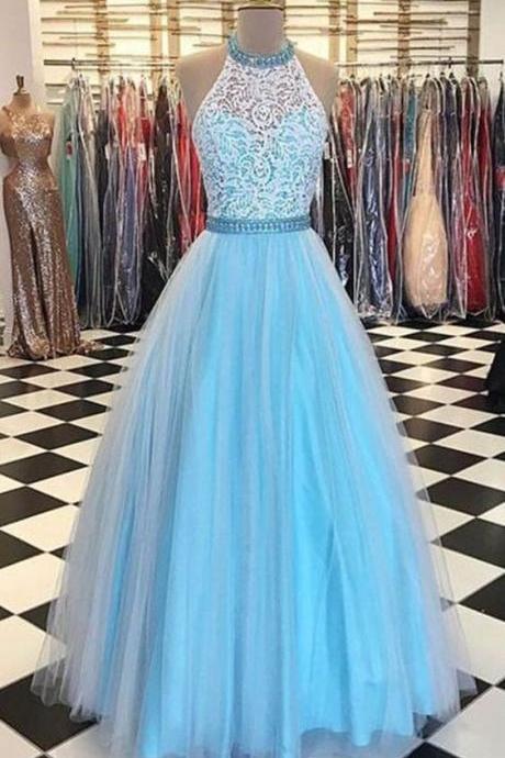o neck blue prom dresses long a-line beaded lace applique tulle cheap prom gown pageant dresses for women vestido de fiesta