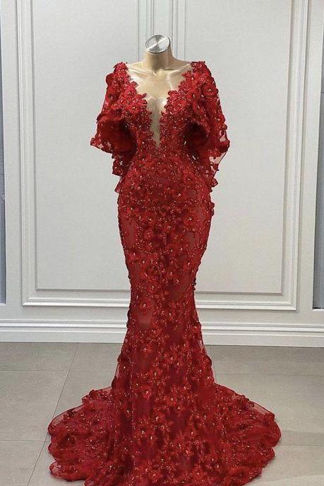 modest burgundy evening dresses long 3d flowers lace applique luxury formal evening gown vestidos de fiesta 
