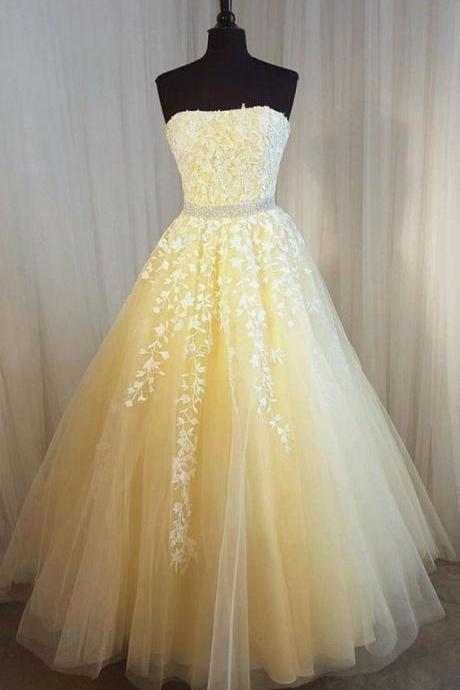 Strapless Yellow Prom Dresses Long Tulle Lace Applique Beaded Elegant Simple Prom Gown Pageant Dresses For Women