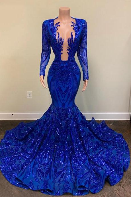 luxury royal blue evening dresses long sleeve sparkly sequin applique mermaid modest elegant formal evening gown robe de soriee