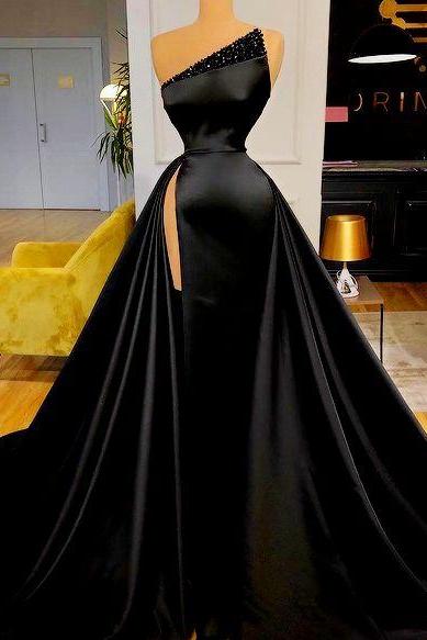 Black Beaded Prom Dresses 2024 Detachable Skirt Vintage Satin Simple Elegant Prom Gown 2023 Robe De Soiree