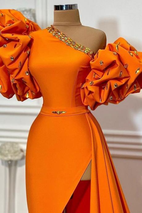 one shoulder unique evening dresses long orange beaded mermaid elegant simple formal evening gown vestidos de fiesta 