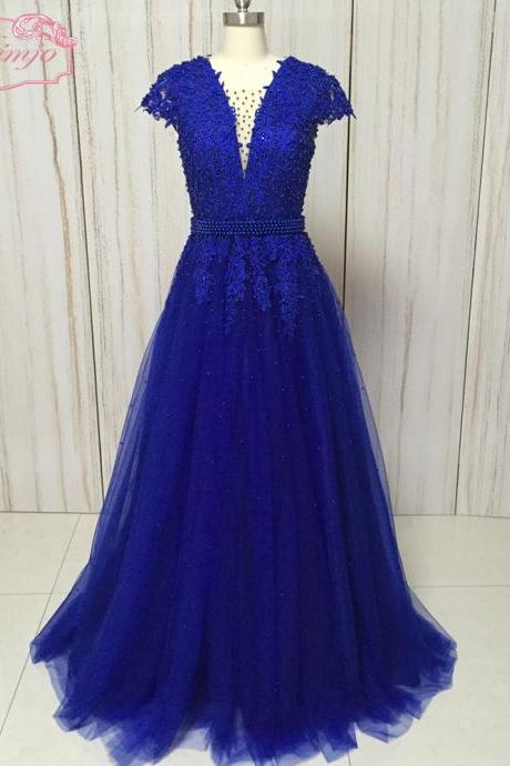 Royal Blue Lace Applique Prom Dresses Long A Line Beaded V Neck Senior Prom Gown 2023 Robe De Soiree 2024