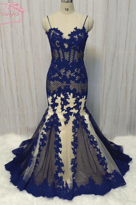 spaghetti strap royal blue evening dresses long lace applique tulle mermaid modest elegant formal evening gowns vestidos de fiesta 