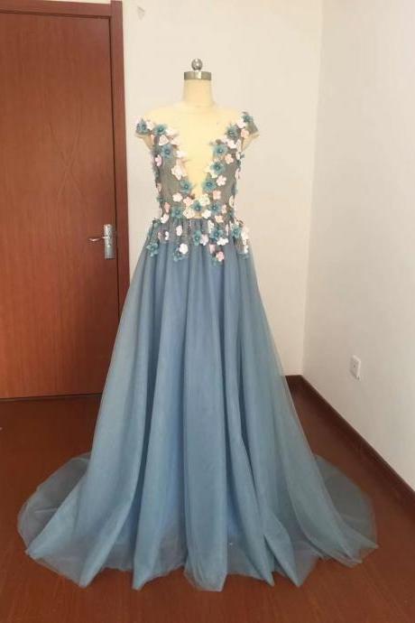Cap Sleeve 3d Flowers Prom Dresses 2023 Tulle Lace Gray Prom Dresses 2024 Robe De Cocktail