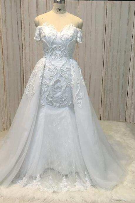 detachable skirt wedding dresses boho lace applique beaded white elegant tulle wedding gown robe de mariage 