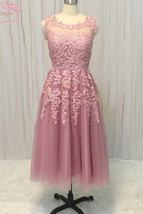 Tea Length Pink Prom Dresses 2023 Lace Applique Beaded Elegant Prom Gown Robe De Cocktail 2024