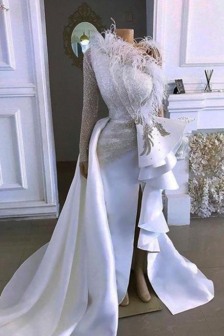 one shoulder white evening dresses long elegant feather sparkly modest simple formal dress vestidos de fiesta 