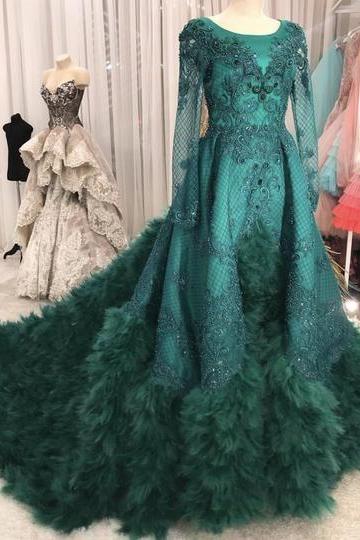 Long Sleeve Green Prom Dress Ball Gown Luxury Lace Appliqué Feather Beaded Modest Prom Gowns Robe De Bal Vestido De Graduation