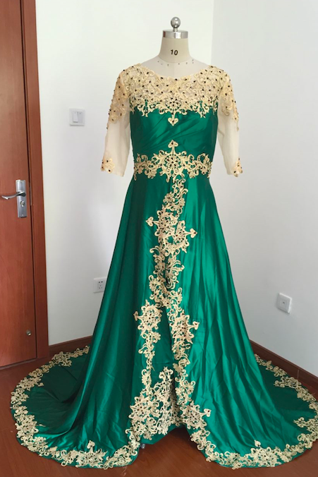 vintage prom dresses long sleeve hunter green lace applique beaded satin elegant prom gown robe de soiree 
