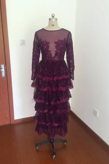 abendkleider long sleeve evening dresses lace applique beaded tiered grape purple elegant formal evening gown vestidos de fiesta 