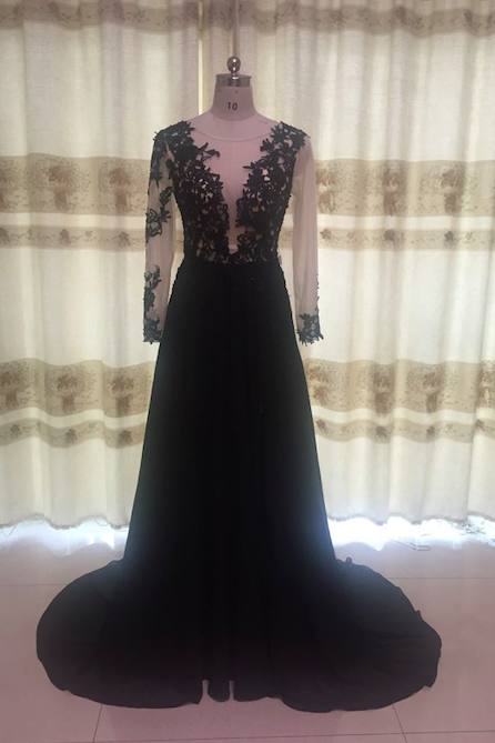 black prom dresses long sleeve v neck chiffon a-line lace applique prom gown robe de soiree 