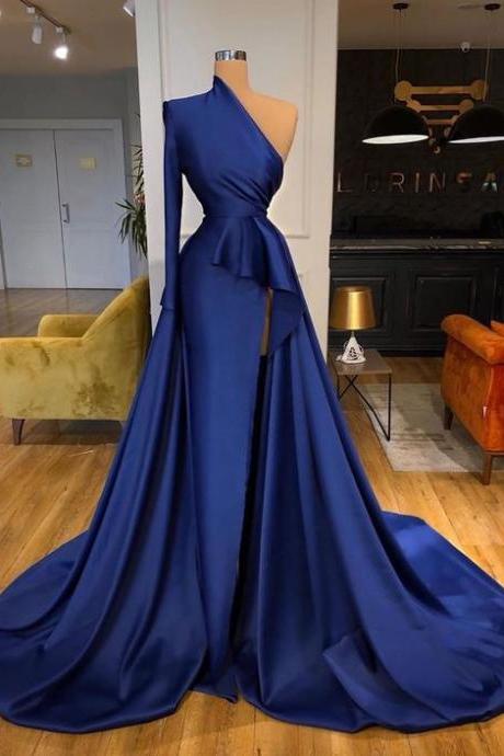 one shoulder a line prom dresses long sleeve satin elegant simple royal blue prom gown vestidos de fiesta robe de bal