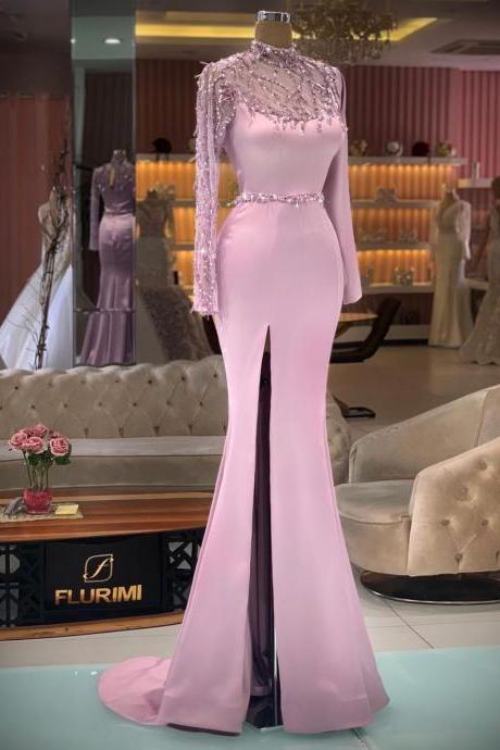 vestidos de noche high neck pink evening dresses long sleeve beaded luxury feather formal evening gown robe de soiree 