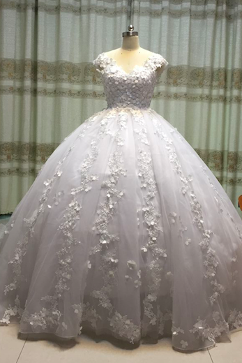 Vestidos De Novia Princess White Wedding Dresses Ball Gown Lace Applique 3d Flowers Cap Sleeve Elegant Bridal Dress Robe De Mariage