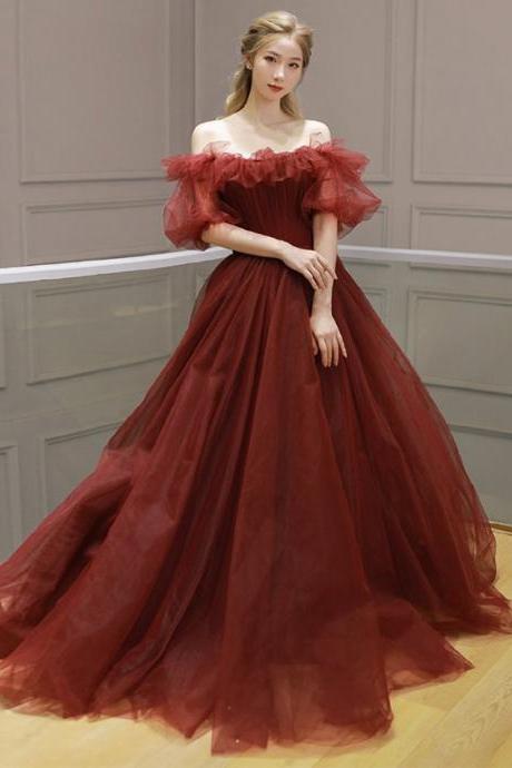 burgundy prom dresses boat neck a line tulle elegant simple cheap senior prom gown robes de cocktail