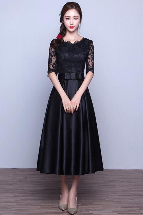 black vintage prom dresses lace applique cheap a line satin prom gown robe de soiree 