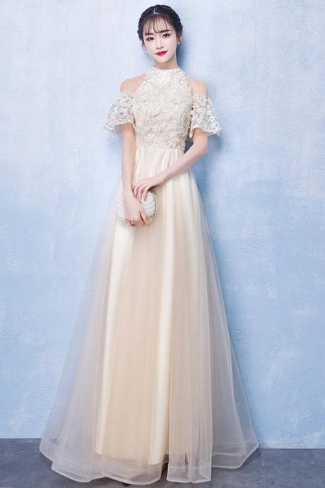 high neck champagne prom dresses long tulle simple elegant a line cheap prom gown vestido longo