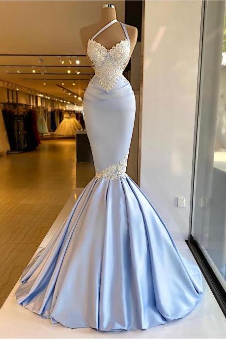 blue modest evening dresses long lace applique mermaid elegant simple formal evening gown vestido longo