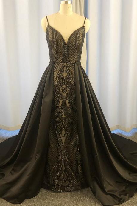 detachble skirt vintage prom dresses sequin applique black spaghetti strap elegant prom gown robe de soiree 