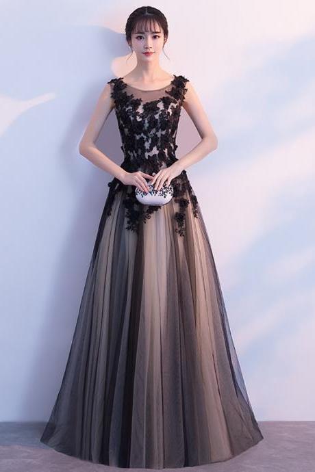 Black Lace Applique Prom Dresses Long A Line Tulle Vintage Prom Gown Vestidos De Fiesta