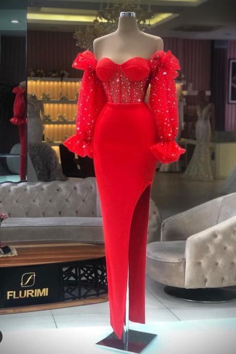 red beaded evening dresses long sleeve off the shoulder elegant modest luxury formal dress vestidos de fiesta 