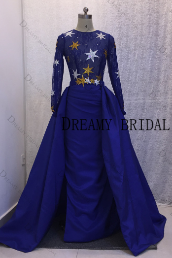 long sleeve royal blue prom dresses 2022 detachable skirt satin elegant luxury simple prom gown vestido longo 2023