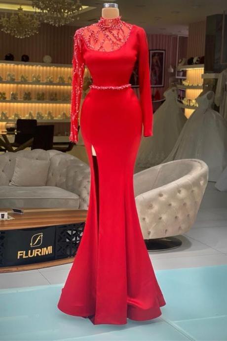 red evening dresses long sleeve high neck beaded mermaid modest elegant formal dresses vestidos de fiesta