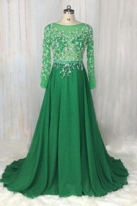 long sleeve green prom dresses 2023 beaded chiffon a line elegant prom gown 2022 robe de soiree