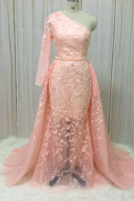 pink lace applique prom dresses with overskirt one shoulder elegant simple modest prom gown vestidos de fiesta 