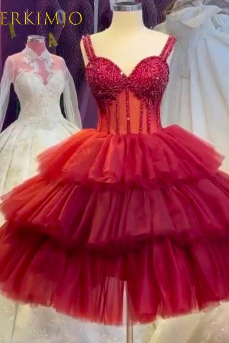 Burgundy Prom Dresses Sweetheart Neck Beaded Tulle Elegant Ball Gown Prom Gown Vestido De Graduacion
