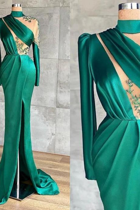 long sleeve green evening dresses 2021 high neck lace applique satin mermaid elegant formal evening gown 2022 vestido de longo