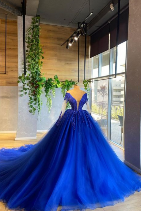long sleve royal blue prom dresses ball gown lace applique beaded vintage tulle elegant princess prom gown vestido de graduacion