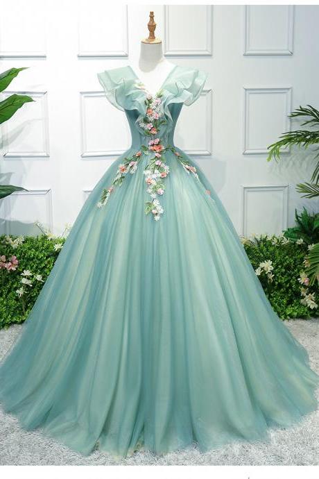V Neck Prom Dress, Green Prom Dresses, Tulle Prom Dress, Embroidery Applique Prom Dress, Prom Gown, Prom Dresses 2023, 2024 Prom Dresses,