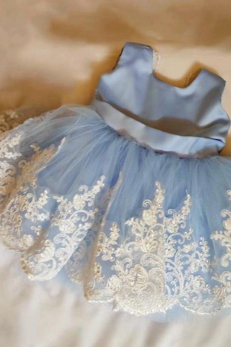 baby girl dresses for birthday party blue lace applique beaded cheap flower girl dress first communion dresses 