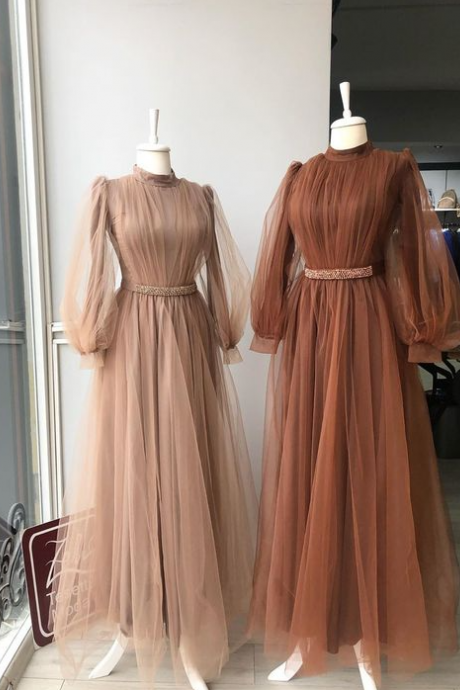 Long Sleeve Prom Dresses High Neck Tulle Brown Vintage A Line Simple Beaded Prom Gown Robes De Cocktail