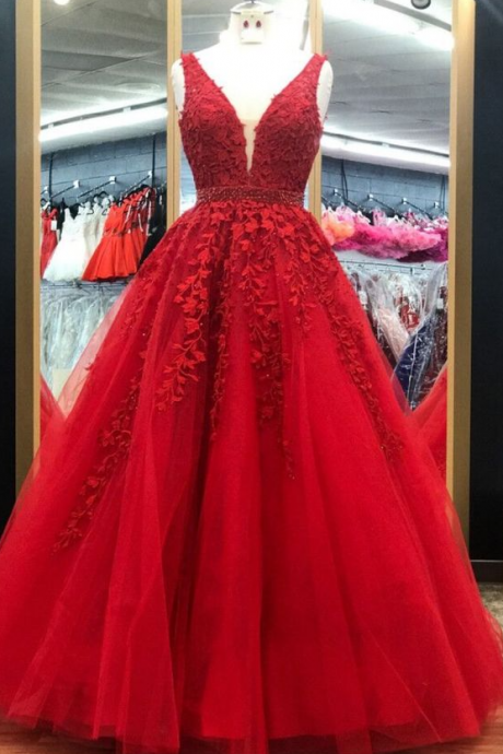 Lace Applique Prom Dresses Long Tulle A Line Red Elegant Beaded Prom Gown Vestido De Noche