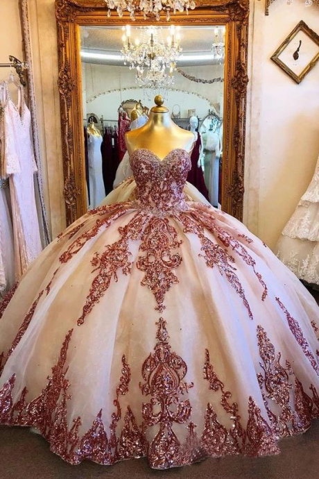 sweetheart neck prom dresses ball gown rose gold sparkly luxury beaded elegant princess prom gown sweet 16 dresses vestidos de graduacion 