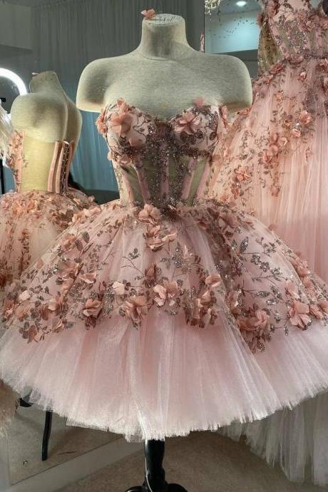 pink prom dresses short tulle lace applique 3d flowers sweetheart neck elegant cheap graduation dress abendkleider 