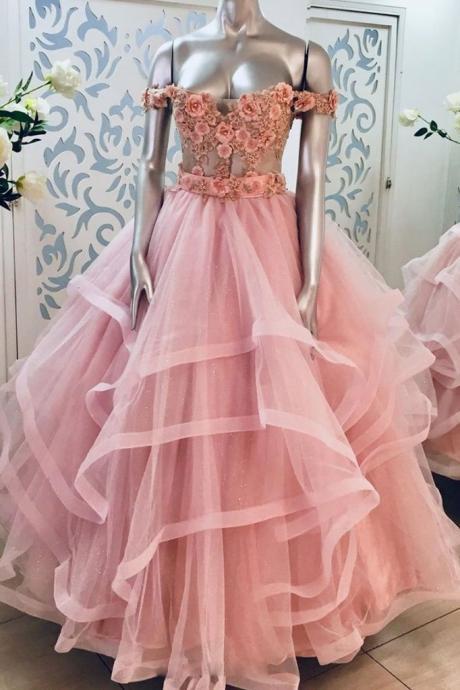tulle prom dresses 2021 off the shoulder lace applique 3d flowers dusty pink elegant tiered prom gown 2022 robes de cocktail 