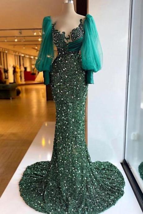 hunter green evening dresses long sleeve modest elegant sparkly mermaid luxury formal party dresses women evening gown 