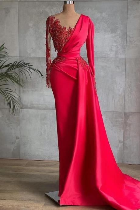 long sleeve red evening dresses 2021 elegant lace applique mermaid modest simple formal evening gown party dresses 2022 abendkleider 