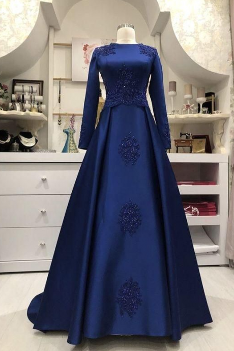 navy blue prom dresses vintage lace applique beaded long sleeve elegant muslim prom gown robes de cocktail 