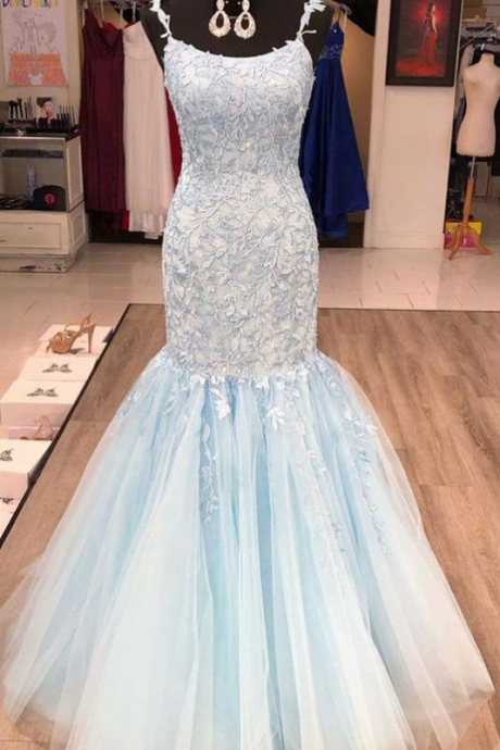 light blue mermaid evening dresses long spaghetti strap elegant lace applique elegant formal party dress vestido de noche 