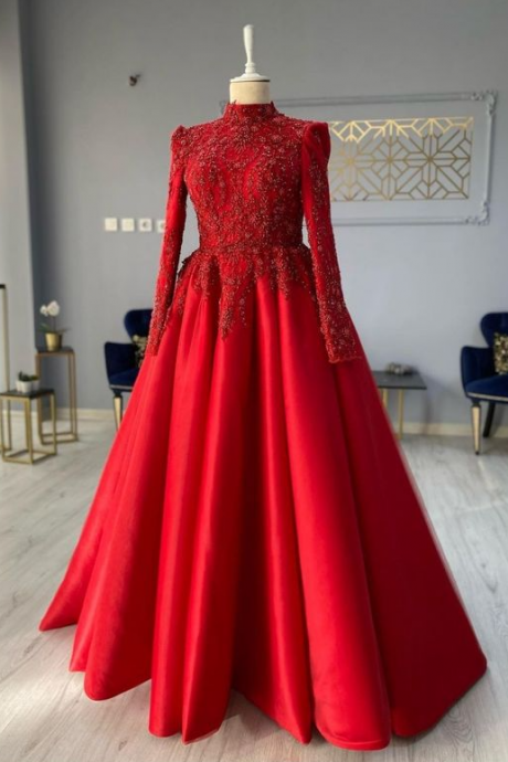 High Neck Red Prom Dresses Long Sleeve Lace Applique Beaded Tulle Elegant Lace Applique Prom Gown Robes De Cocktail